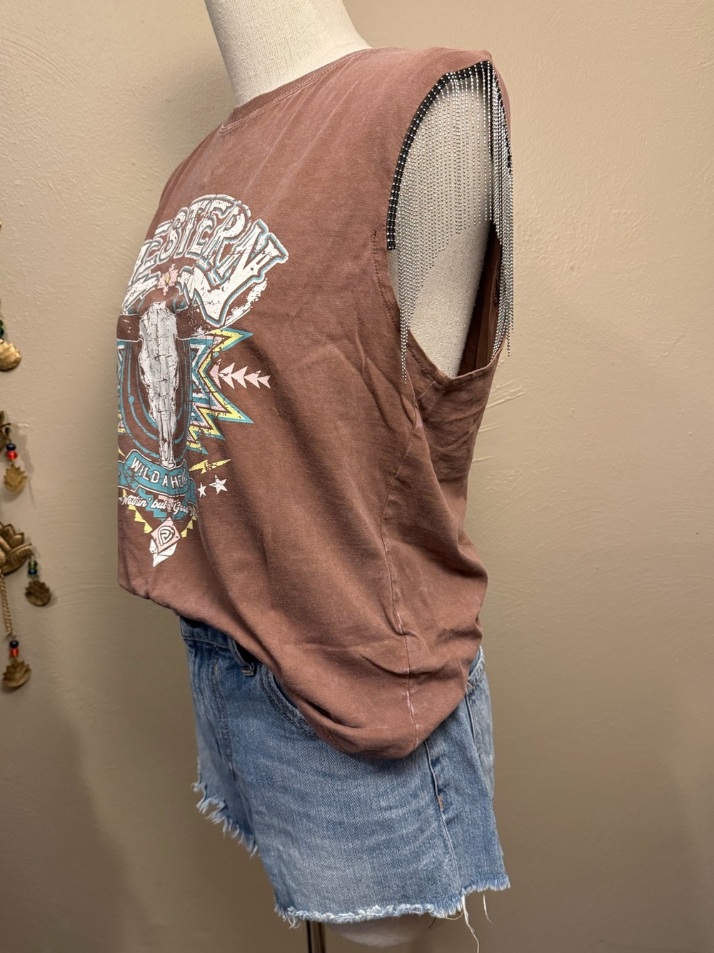 Rock & Roll Denim Western Graphic Aztec Beaded Fringe Sleeve Top 100% Cotton